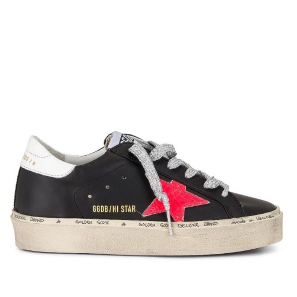 Golden Goose Hi Star (black, neon pink star, silver laces, 8 US)